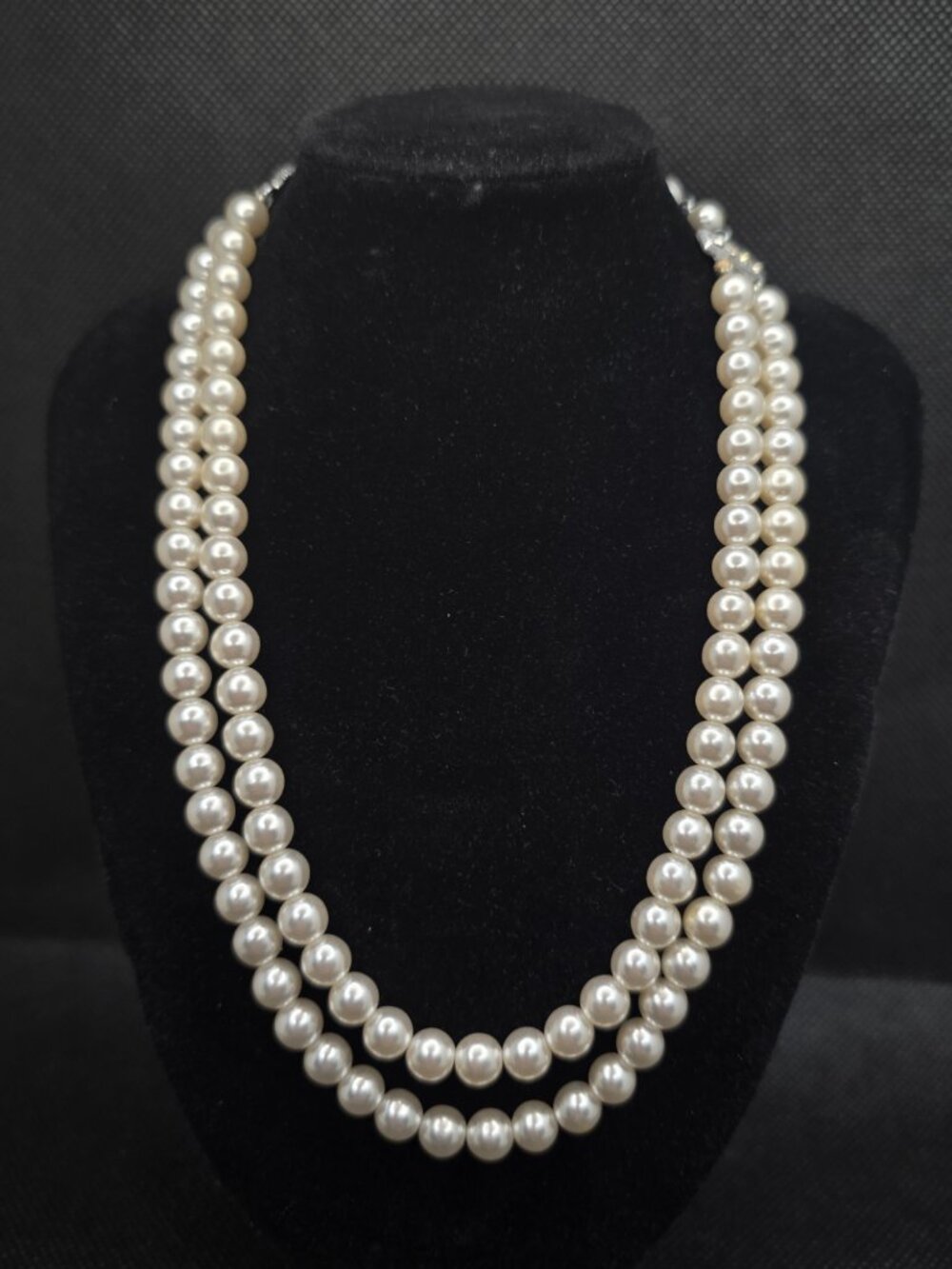 Vintage Japan Double Strand Faux Pearl Necklace 13.5-16" Adjustable Hook Clasp